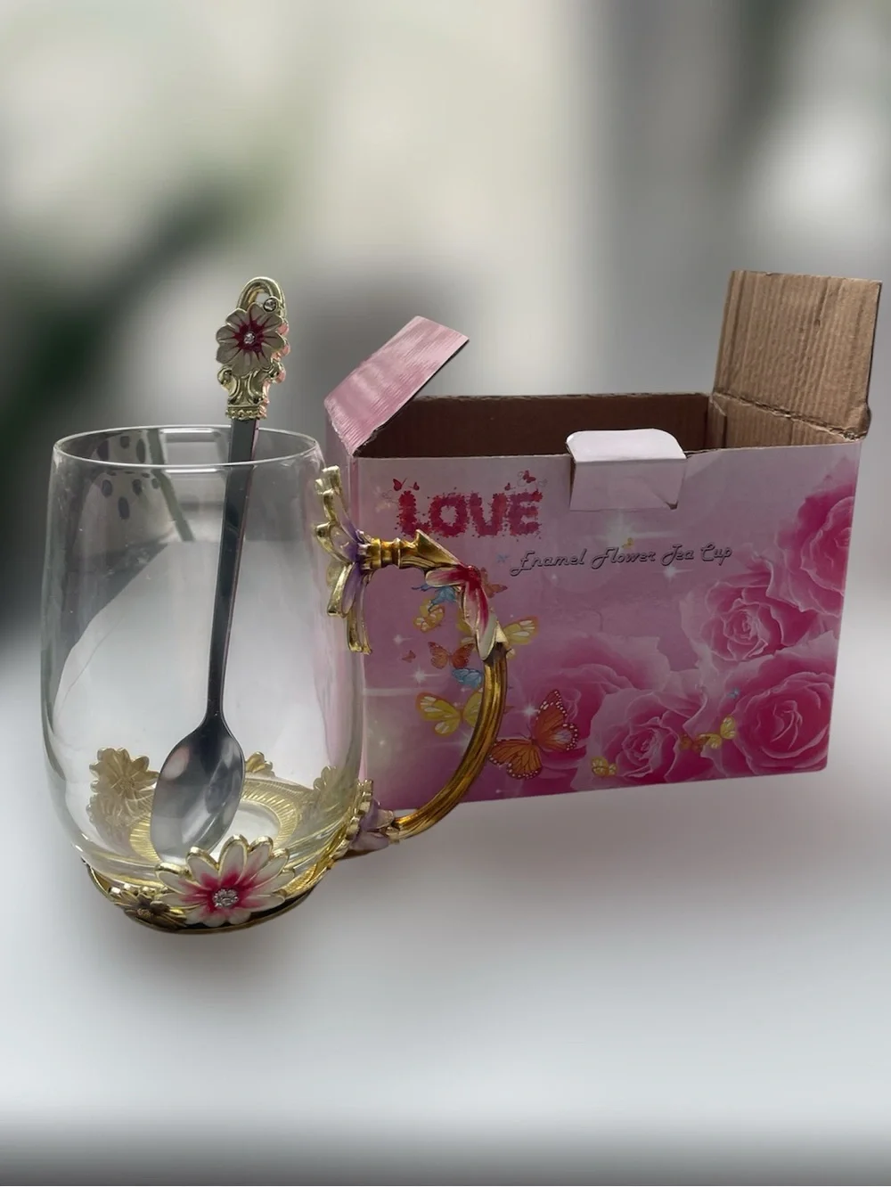 Love Enamel Flower Tea Cup With Steel Spoon New in box